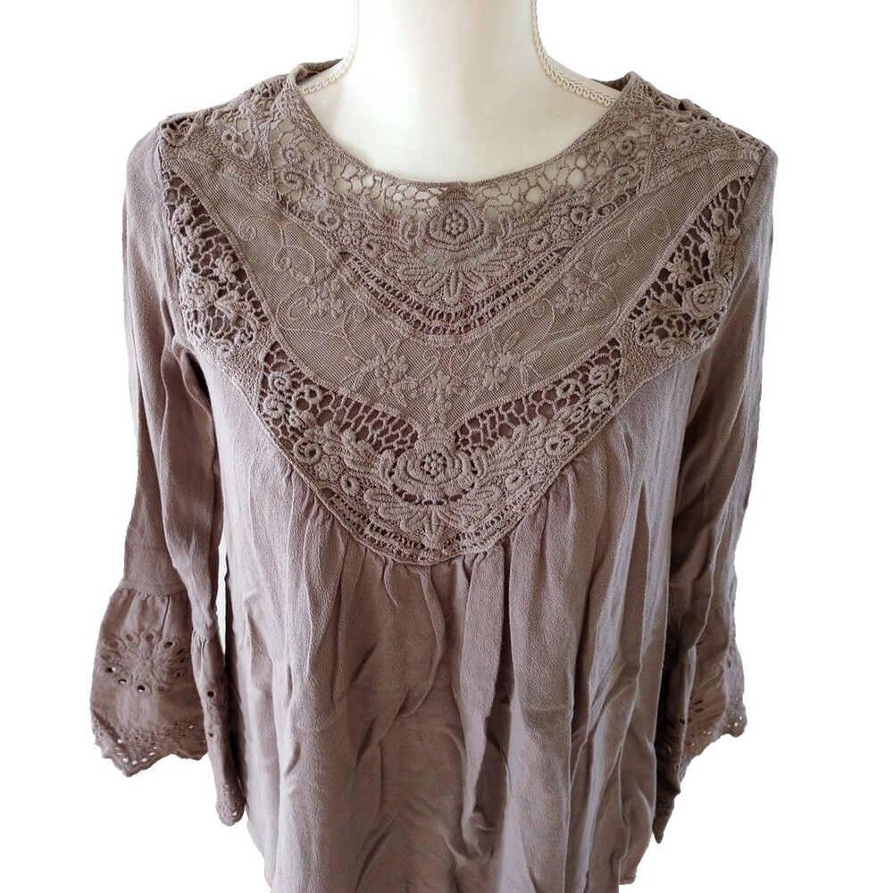 Boho Shirt Top Womens Small Lace Fairy Gypsy Romantic Brown Taupe Bell Sleeve